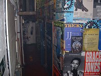 Backstage area covered in tour posters